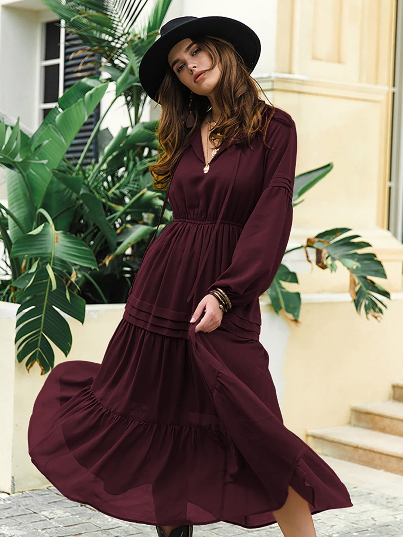 Women's Midi Dress Long Sleeve Lantern Sleeve Flippy Hem Dress for Fall Summer Party Beach | Elegant Flowy Dress for Women, Casual & Formal Occasions, Perfect for Office, Date Night, and Vacation Wear