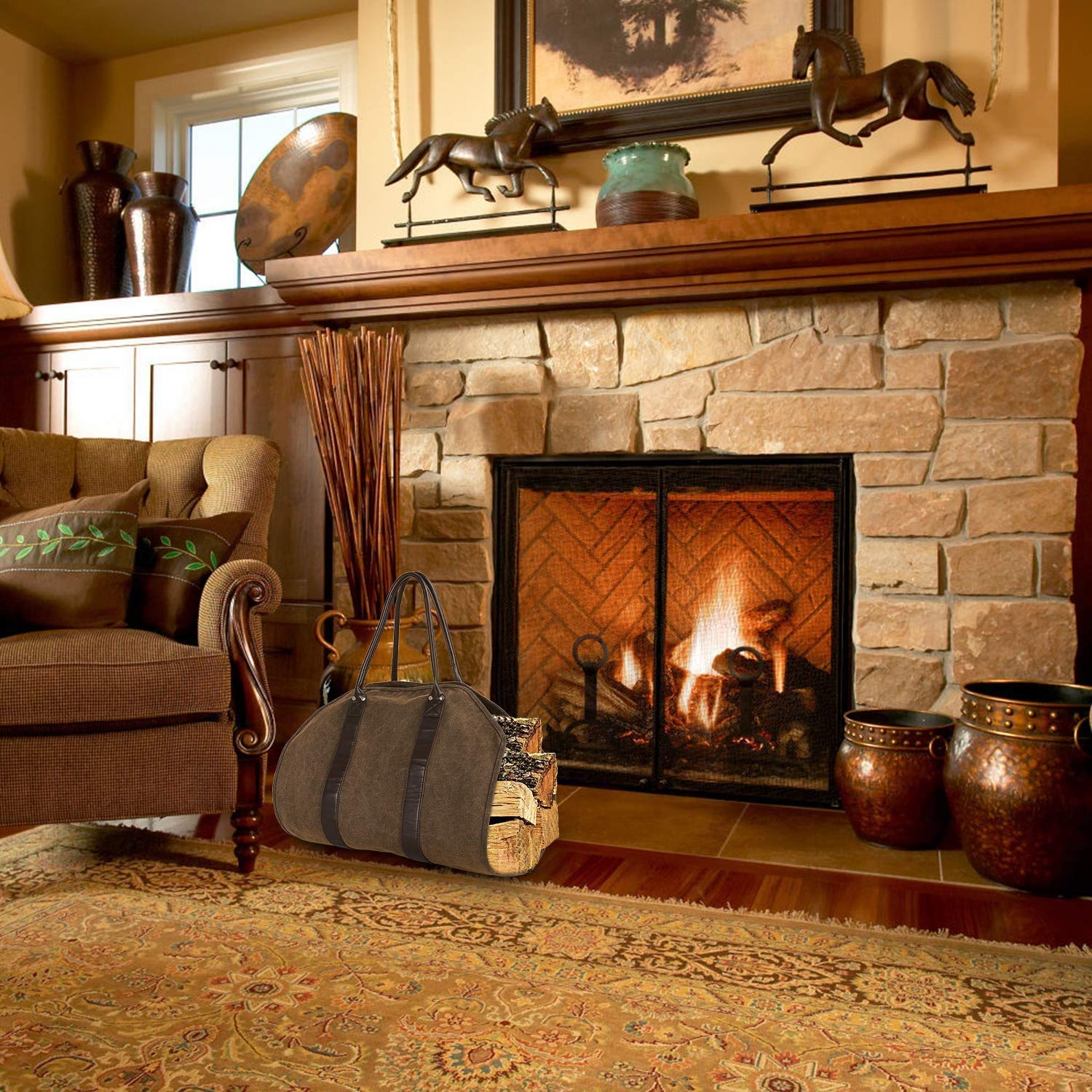 Heavy Duty Waxed Canvas Firewood Log Carrier Tote Bag - Durable Firewood Holder for Indoor Fireplace, Outdoor Camping & Wood Stove Accessories - Perfect for Hauling Firewood, Kindling & Hay