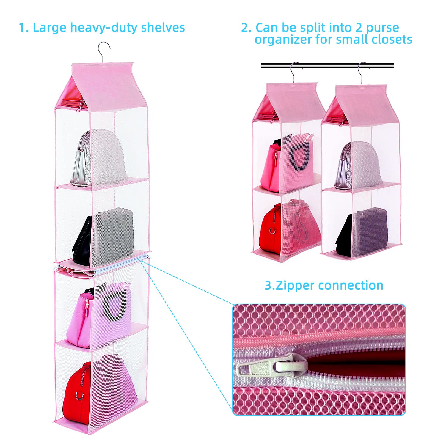 Keepjoy Hanging Handbag Organizer - 4-Tier Heavy Duty Mesh Purse Storage for Closet, Pink | Space-Saving Bag Holder for Women's Accessories, Perfect for Bedroom, Walk-In Closet & Dorm Organization