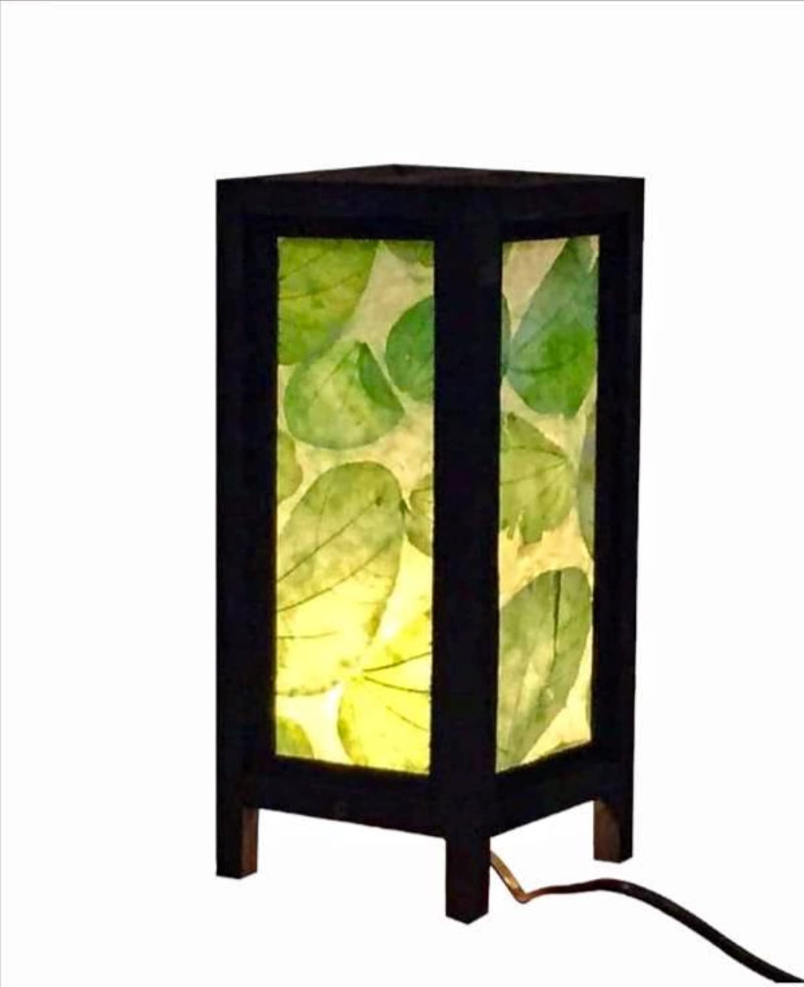 Handmade Green Leaf Lamp with Real Alibangbang Leaves - Asian Oriental Style MDF Wood Night Light for Bedside, Desk, or Table - Vintage Home Decor Gift for Bedroom, Living Room & Garden