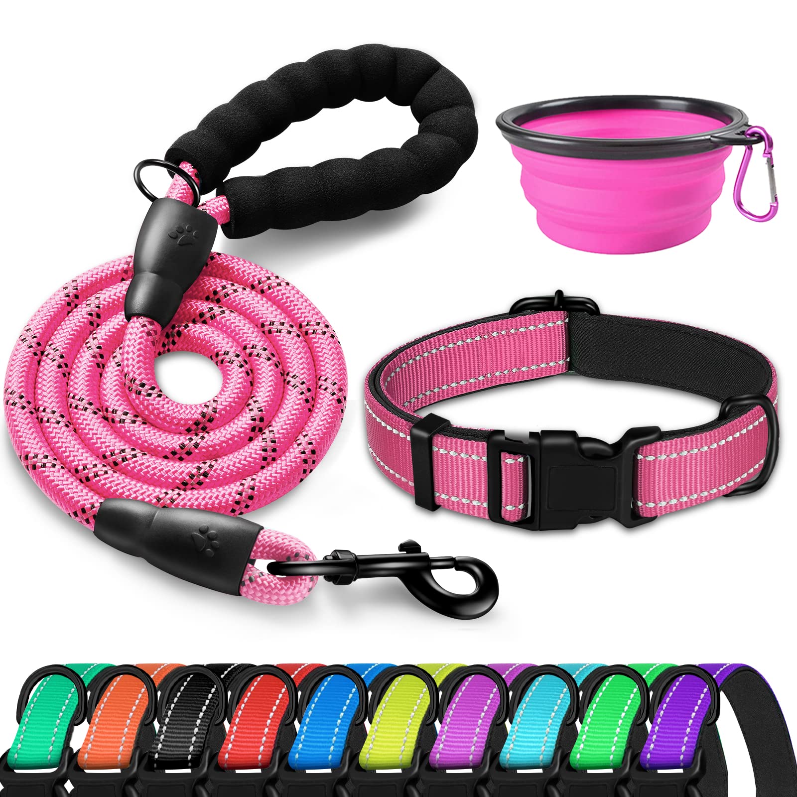 DOYOO Reflective Adjustable Dog Collar and Leash Set - Soft Neoprene Padded Nylon Collar with Quick Release Buckle for Small Medium Large Dogs - Includes Collapsible Pet Bowl for Walking, Hiking & Outdoor Adventures