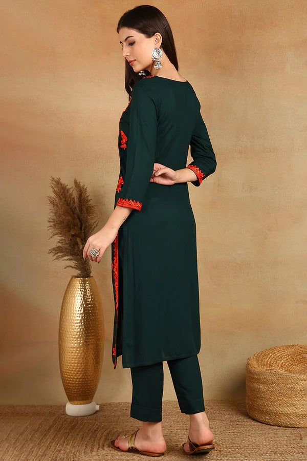 Stylish Green Embroidered Viscose Rayon Straight Cut Kurta for Women | Comfortable Ethnic Tunic Top | Perfect for Festivals, Parties & Casual Wear