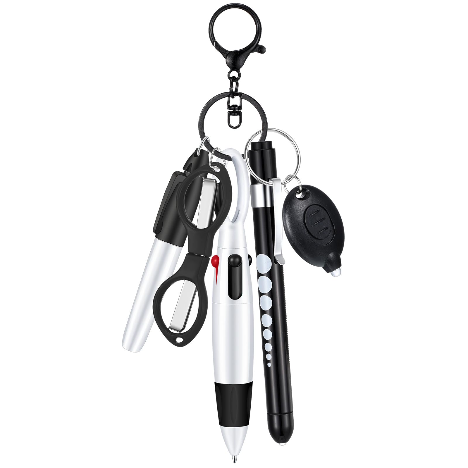 6-Piece Nurse Pen Set with Permanent Marker, Retractable Ballpoint Pen, Keychain Clip, Foldable Scissors & LED Flashlight - Essential Nursing Accessories for Medical Professionals (Black) - Perfect for Hospital Shifts, Clinical Work & Nursing School Supplies