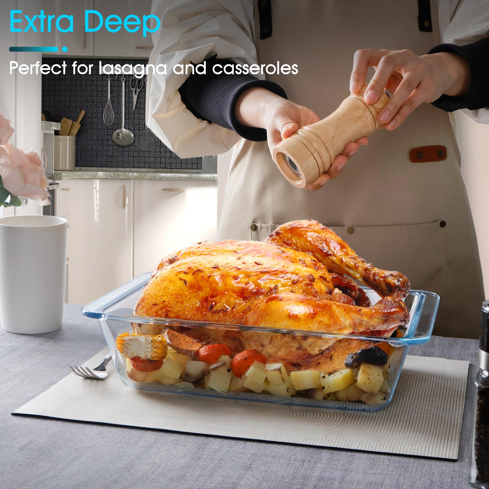 Nutriups 3.7QT (11.5x8 Inches) Large Rectangular Glass Baking Dish - Oven & Microwave Safe Casserole Pan for Lasagna, Roasting, Baking | Perfect for Family Dinners, Meal Prep & Holiday Cooking