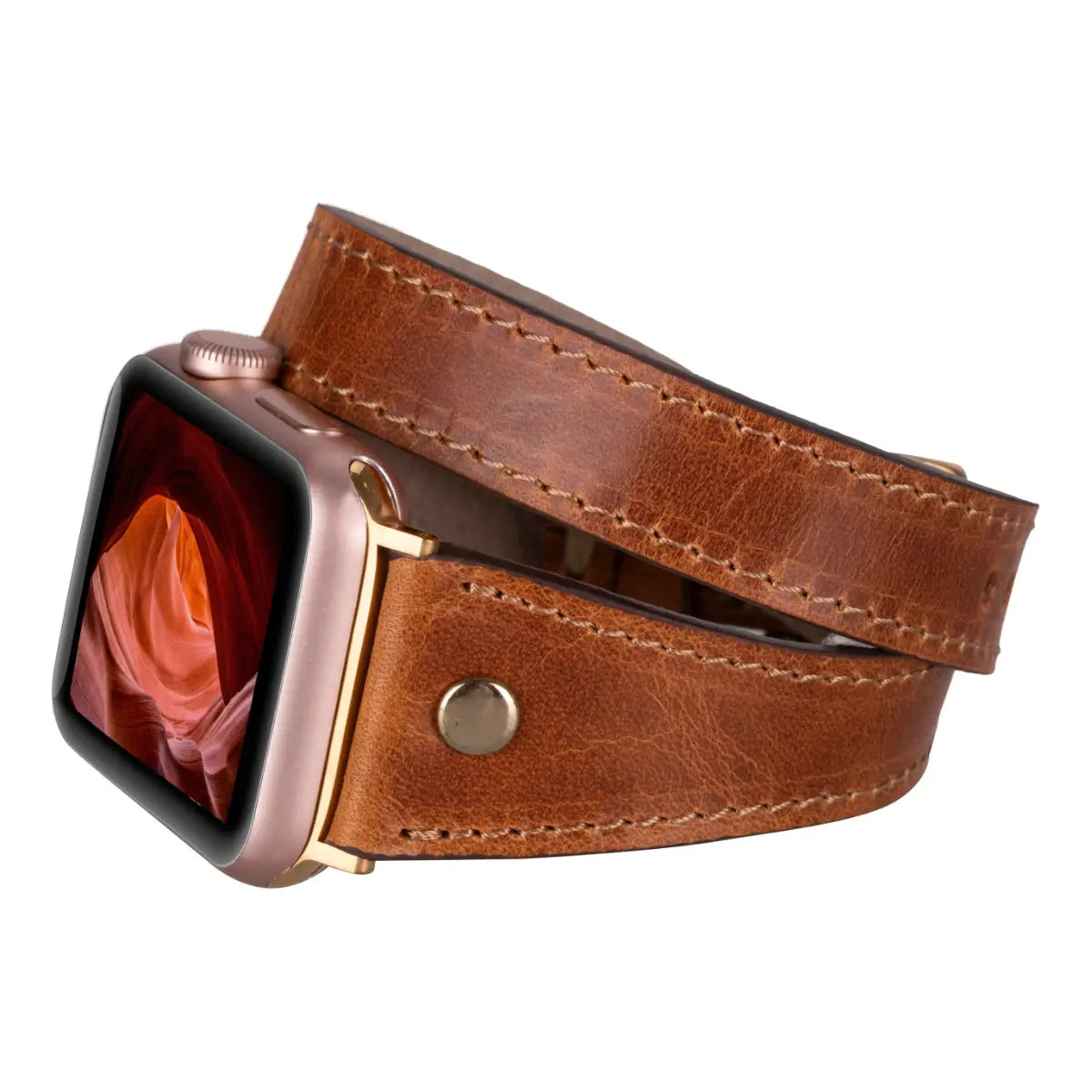 Camel Brown Leather Double Tour Slim Apple Watch Band with Gold Rivet - Stylish & Durable Replacement Strap for Work, Travel & Everyday Wear
