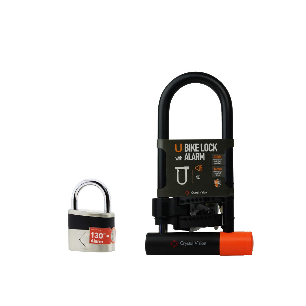 130db Anti-Theft Alarm Padlock & Bike U Lock Combo - Crystal Vision Security for Bicycles, Gates & Storage - Loud Alarm Deterrent for Outdoor Use