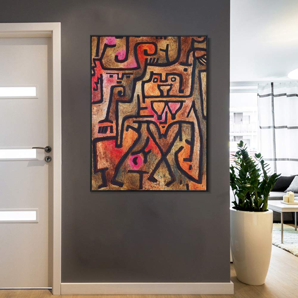 Paul Klee Forest Witches Framed Canvas Giclee Print - 28x40 Inch Black Slim Frame Wall Art for Living Room, Home Office & Bedroom Decor - Premium Gallery Wrapped Canvas Painting for Modern Interior Design