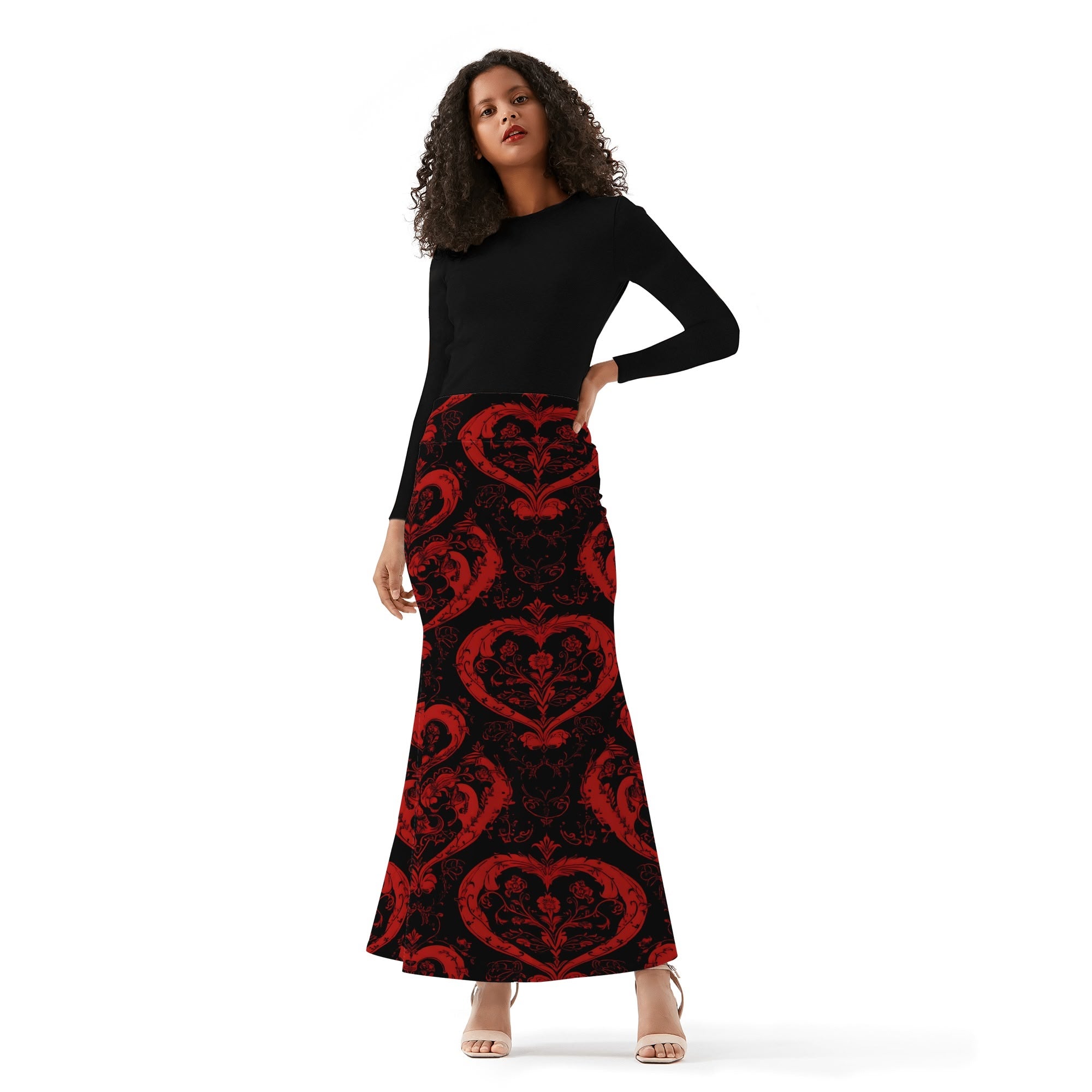 Gothic Red Hearts Women's Wrap Fishtail Long Skirt - Elegant Vintage Style Maxi Skirt for Parties, Date Nights & Gothic Fashion Lovers