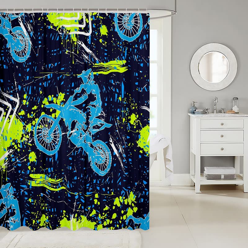 Dirt Bike Kids Shower Curtain - Extreme Sports Motocross Rider Bathroom Decor - Waterproof 72x72 Inch Polyester Shower Curtain Set for Boys & Girls - Perfect for Kids Bathroom, Teen Room, and Motocross Themed Decor