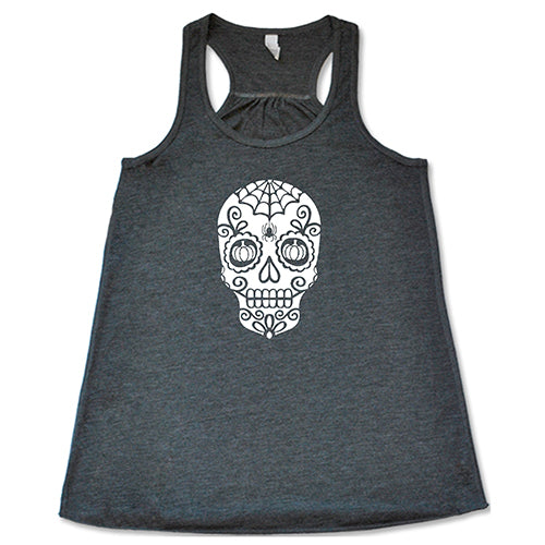 Skull With Pumpkin Eyes T-Shirt - Halloween Graphic Tee for Men & Women - Spooky Casual Wear for Parties & Costumes