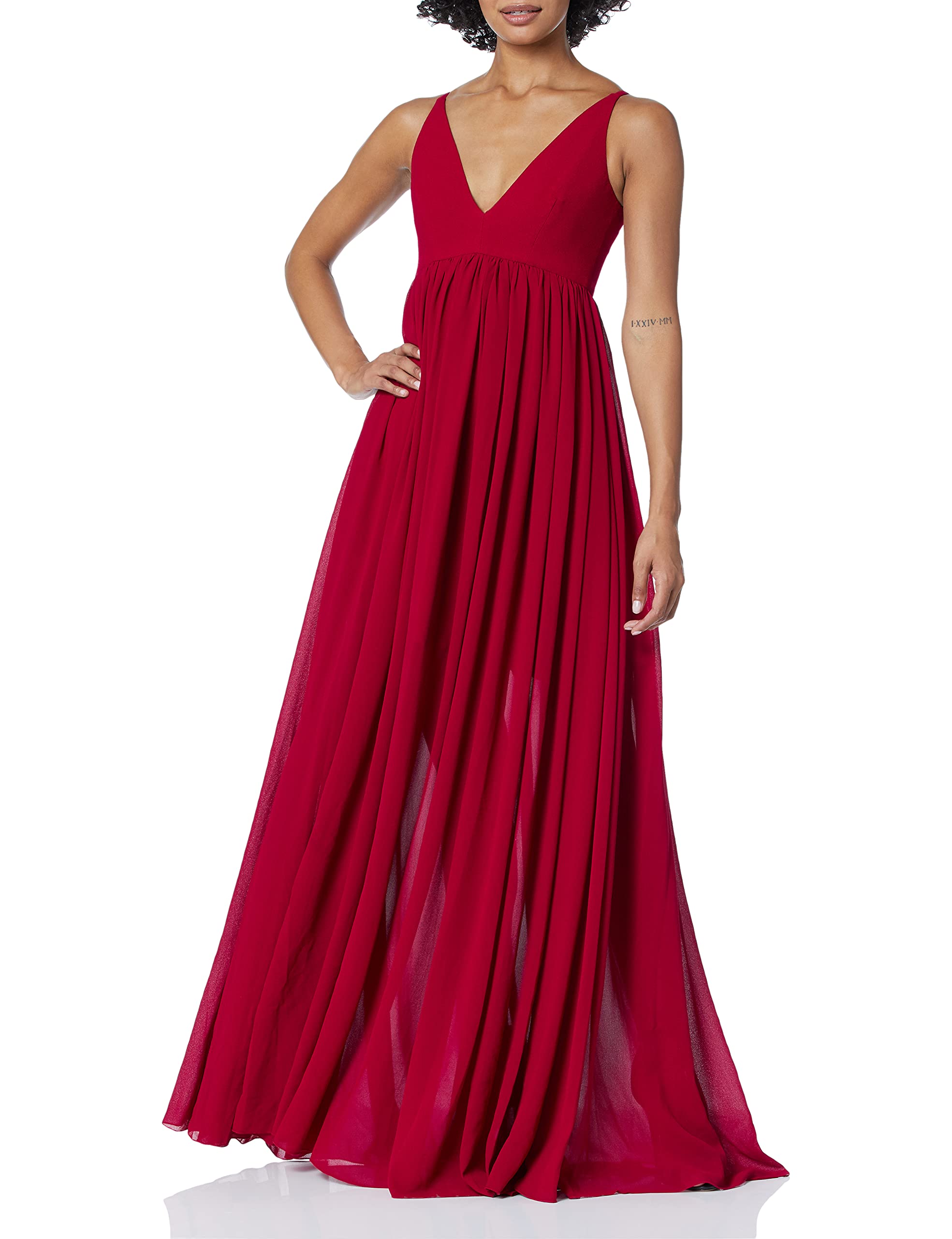 Dress the Population Women's Phoebe Plunging V-Neck Chiffon Long Evening Gown Sleeveless Formal Dress for Prom, Wedding & Special Occasions