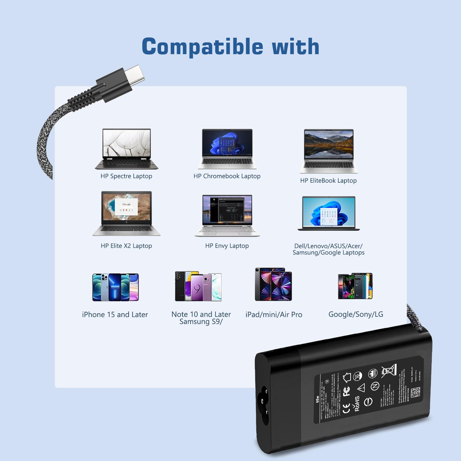 65W USB C Laptop Charger for HP Chromebook X360, Spectre X360, Elite x2, Pavilion - Fast Charging Power Adapter with Type C Cable - Perfect for Home, Office & Travel Use