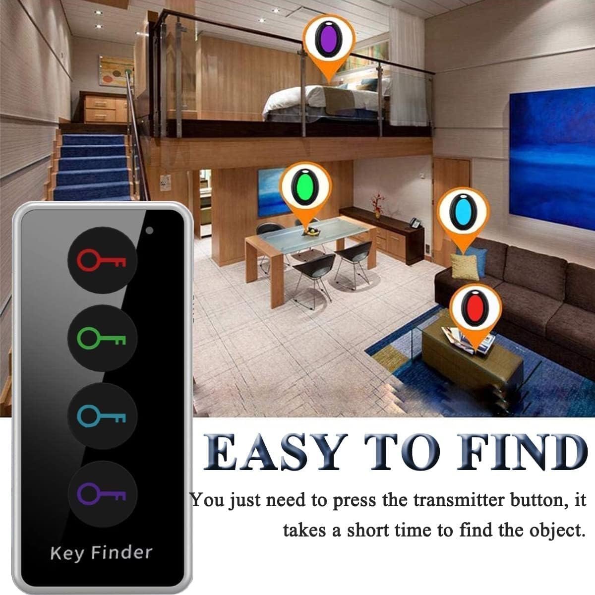 Wireless Key Finder with 4 Receivers & Remote - LED Item Locator Tracker for Keys, Wallet, Bags | Perfect for Home, Office & Travel Organization | Best Gift Idea for Men & Women