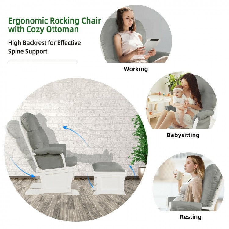Gray Wooden Baby Glider Rocking Chair with Ottoman & Cushion Set - Padded Armrests for Nursing, Feeding & Nursery Comfort - Perfect for Breastfeeding, Reading & Soothing Baby to Sleep