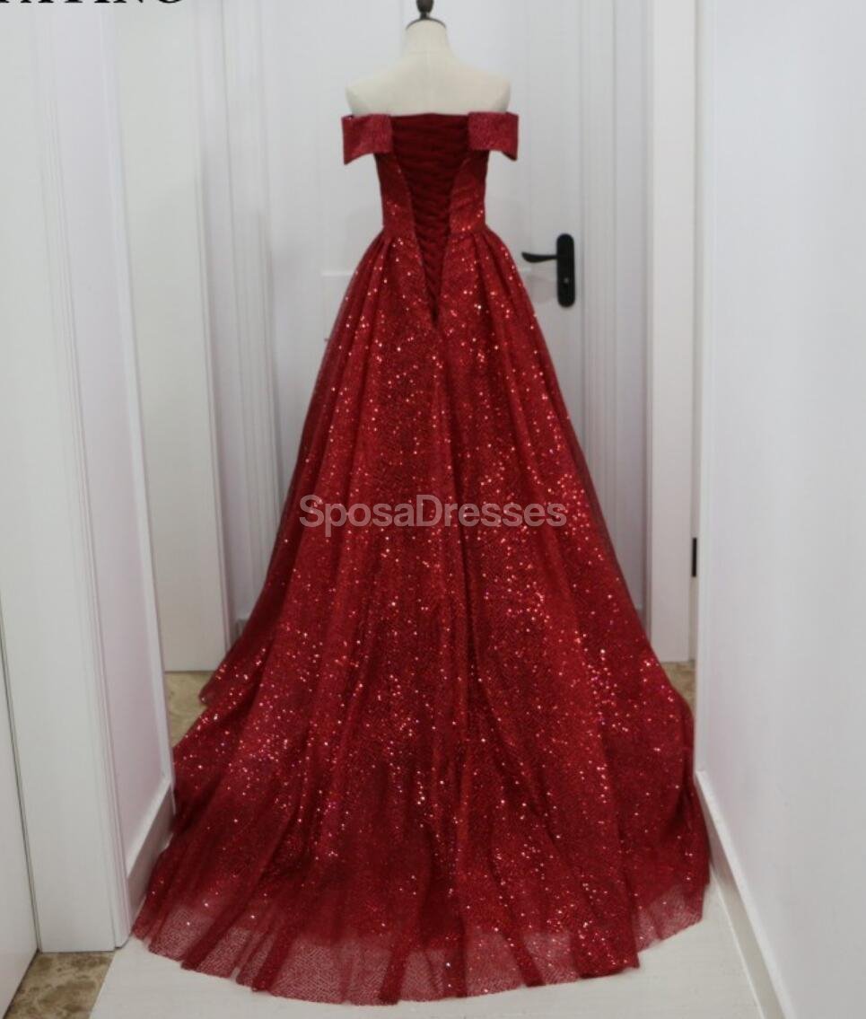 Elegant Off Shoulder Dark Red Sparkly A-Line Long Evening Prom Dress for Women - Formal Gown for Parties, Homecoming, and Special Occasions