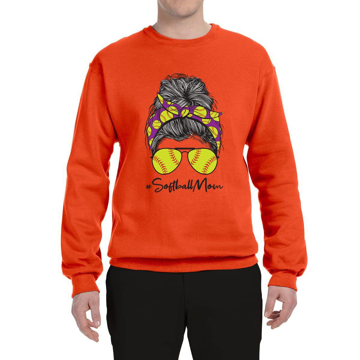Wild Bobby Messy Bun Softball Mom Graphic Sweatshirt - Unisex Crewneck for Sports Lovers | Perfect for Mother's Day Gifts, Game Day Outfits & Casual Mom Life Style