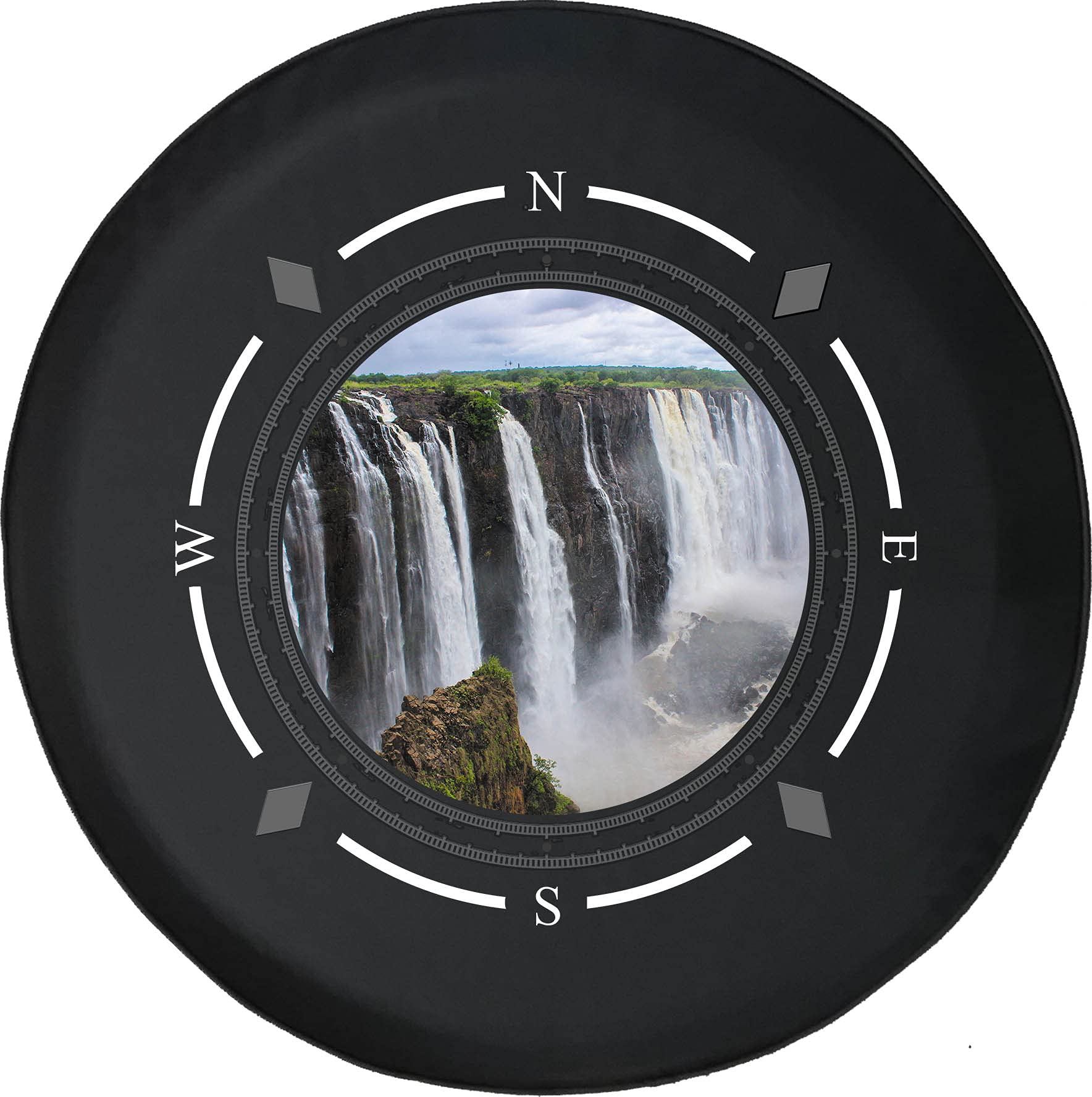 American Unlimited Spare Tire Cover with Compass & Victoria Falls Design - Largest Waterfall Wheel Cover for SUV, Trailer, RV Accessories - Fits Most Vehicles - Perfect for Road Trips & Outdoor Adventures