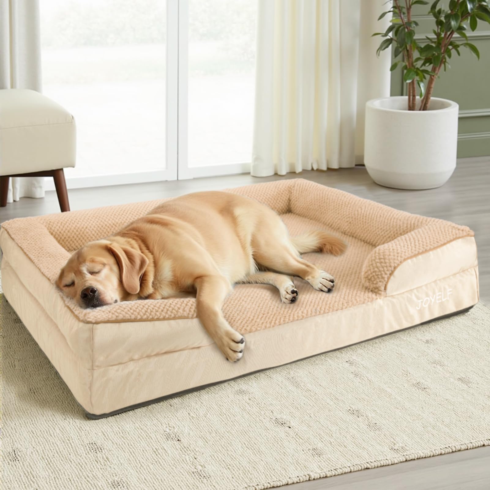 JOYELF Orthopedic Dog Bed for Extra Large Dogs - Waterproof Memory Foam Sofa Couch Pet Bed with Removable Washable Cover & Non-Slip Bottom - Durable Khaki Dog Bed for Senior Dogs with Joint Pain - Perfect for Living Room, Bedroom or Kennel Use