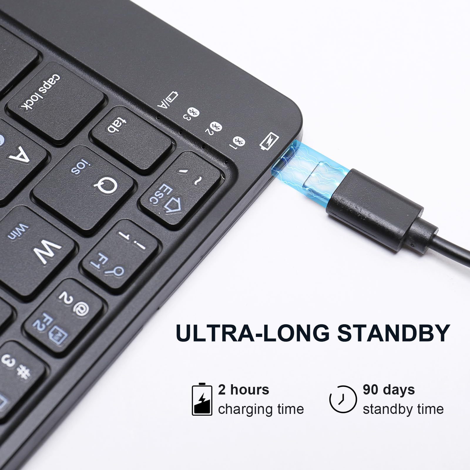 Portable Folding Wireless Bluetooth Keyboard - Ultra-Thin USB-C Rechargeable for iOS Android Windows Mac | Multi-Device Compatible with Smartphone Tablet Laptop | Compact Travel & Business Keyboard for Office, Home, Coffee Shop (Black)