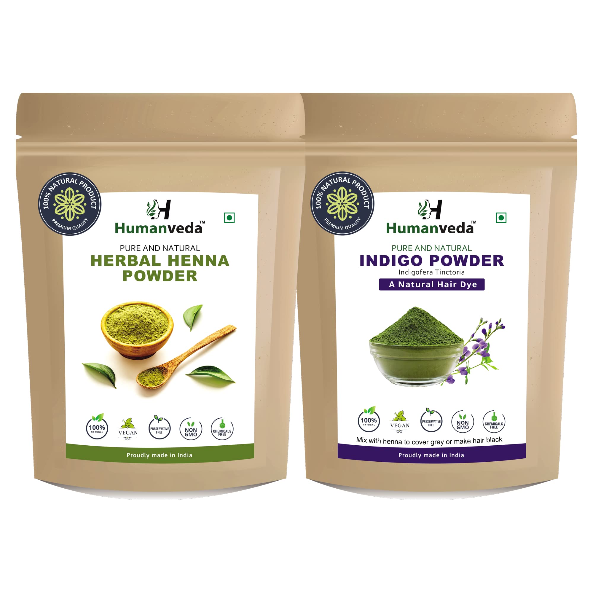 Humanveda 100% Natural Henna & Indigo Powder Hair Dye Combo (2 x 100g) - Organic Herbal Hair Color Treatment for Gray Coverage & Hair Growth - Perfect for DIY Hair Coloring at Home & Natural Hair Care Routine