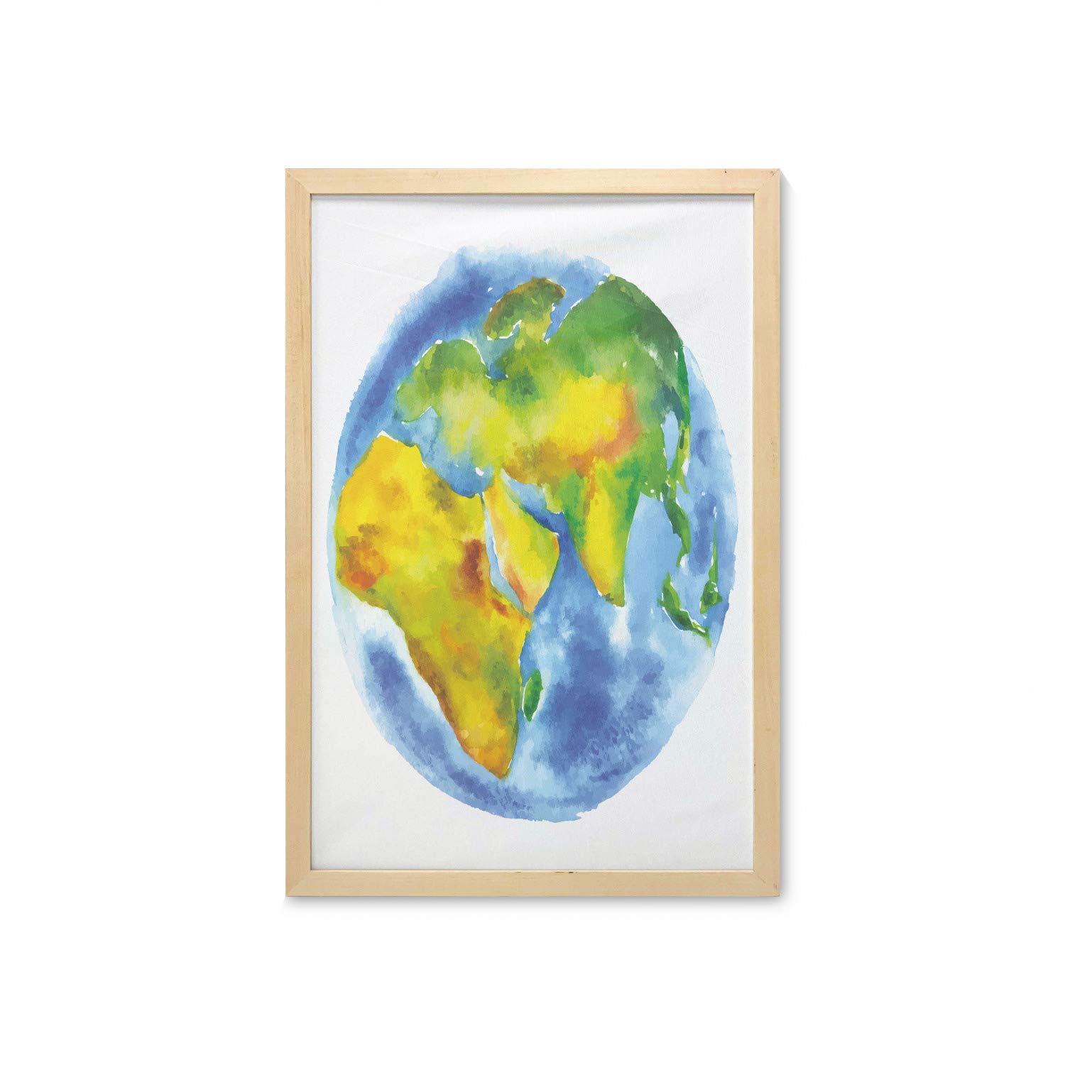 Ambesonne Framed Earth Wall Art - Watercolor Globe Cartography Print, 23x35 Inch Geography Poster for Living Room, Bathroom & Dorm Decor - Pale Blue Green Yellow Home Decoration | Perfect for Nature Lovers & Travel Enthusiasts