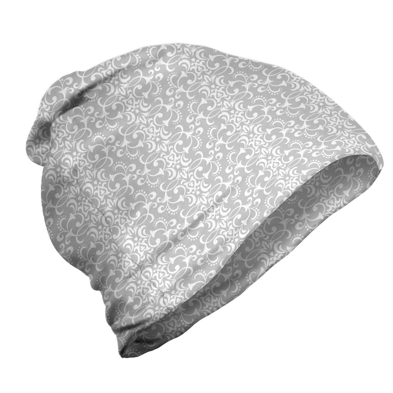 Ambesonne Unisex Beanie - Stylish Repeating Floral Swirls Design for Men & Women - Warm Winter Knit Hat for Hiking, Outdoor Activities & Casual Wear