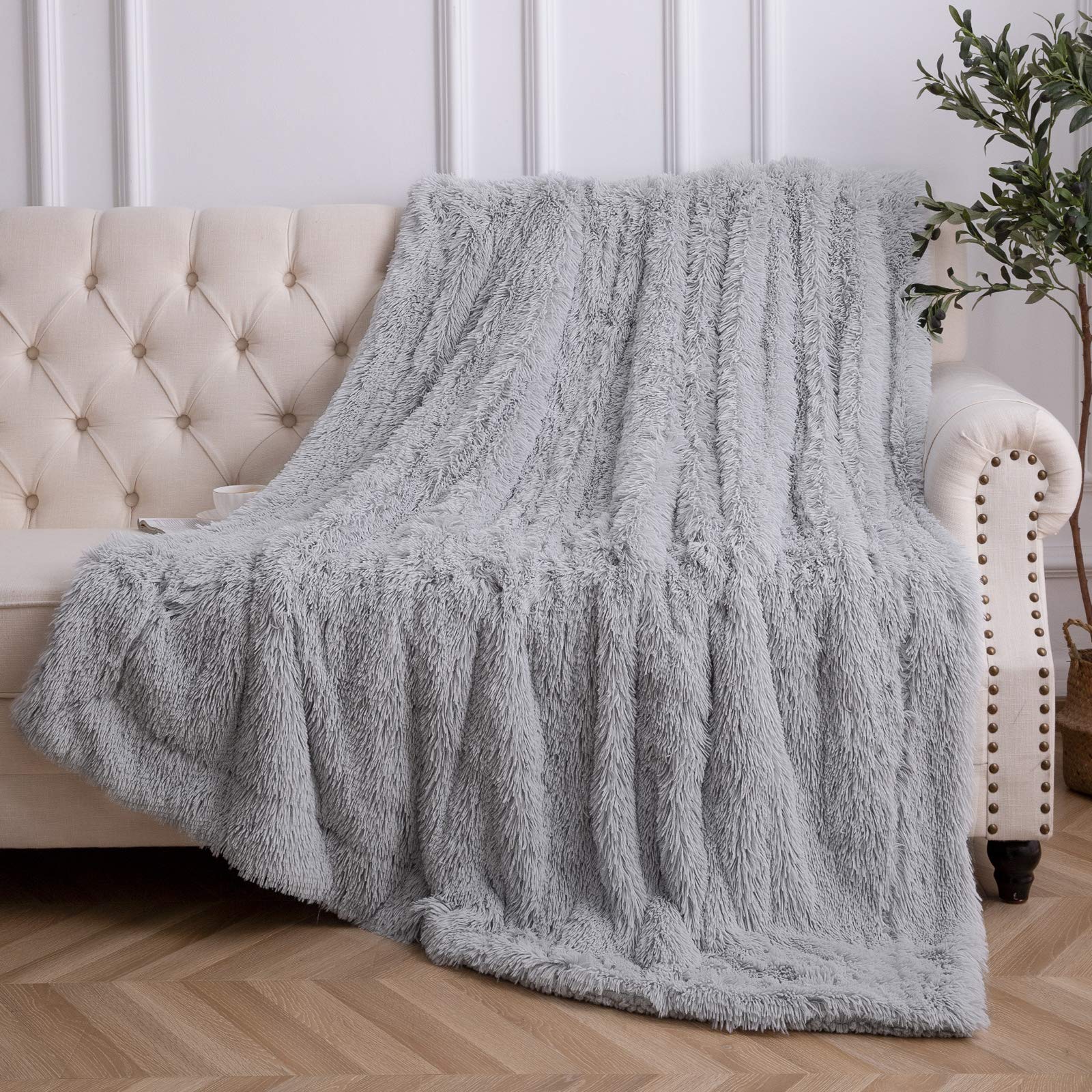 Faux Fur Throw Blanket 50x60 Inches - Ultra Soft Lightweight Shaggy Plush Blanket for Couch, Bed, Chair - Warm Cozy Decorative Fluffy Blanket in Light Grey - Perfect for Living Room, Bedroom & Winter Snuggling