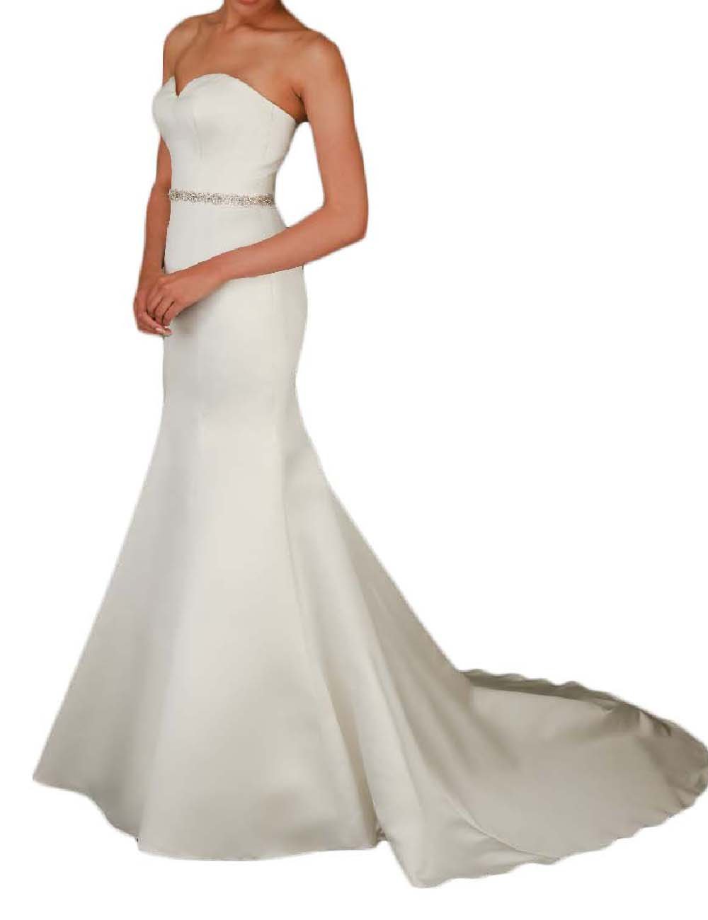 OYISHA Women's Satin Mermaid Wedding Bridal Dress with Sweep Train & Beaded Details - Elegant Evening Gown for Bridal Shower, Prom, Formal Events (WD024)