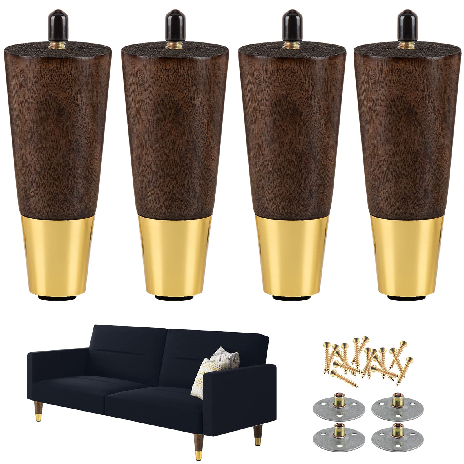 5 Inch Wooden Furniture Legs - Set of 4 Tapered Mid Century Modern Sofa Legs, Replacement Couch & Ottoman Legs (Brown) - Perfect for Living Room Furniture, Coffee Tables, and DIY Home Decor Projects