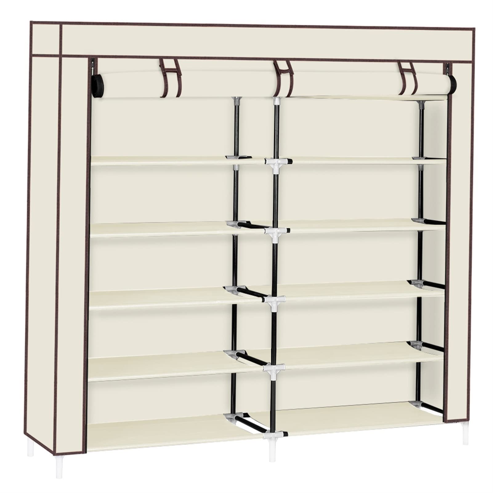 7-Tier 14-Grid Non-Woven Fabric Shoe Storage Cabinet | Portable Shoe Rack Organizer with Cover | Easy Assembly No Tools Needed | Double Row Beige | Perfect for Closet, Entryway, Bedroom & Apartment Organization