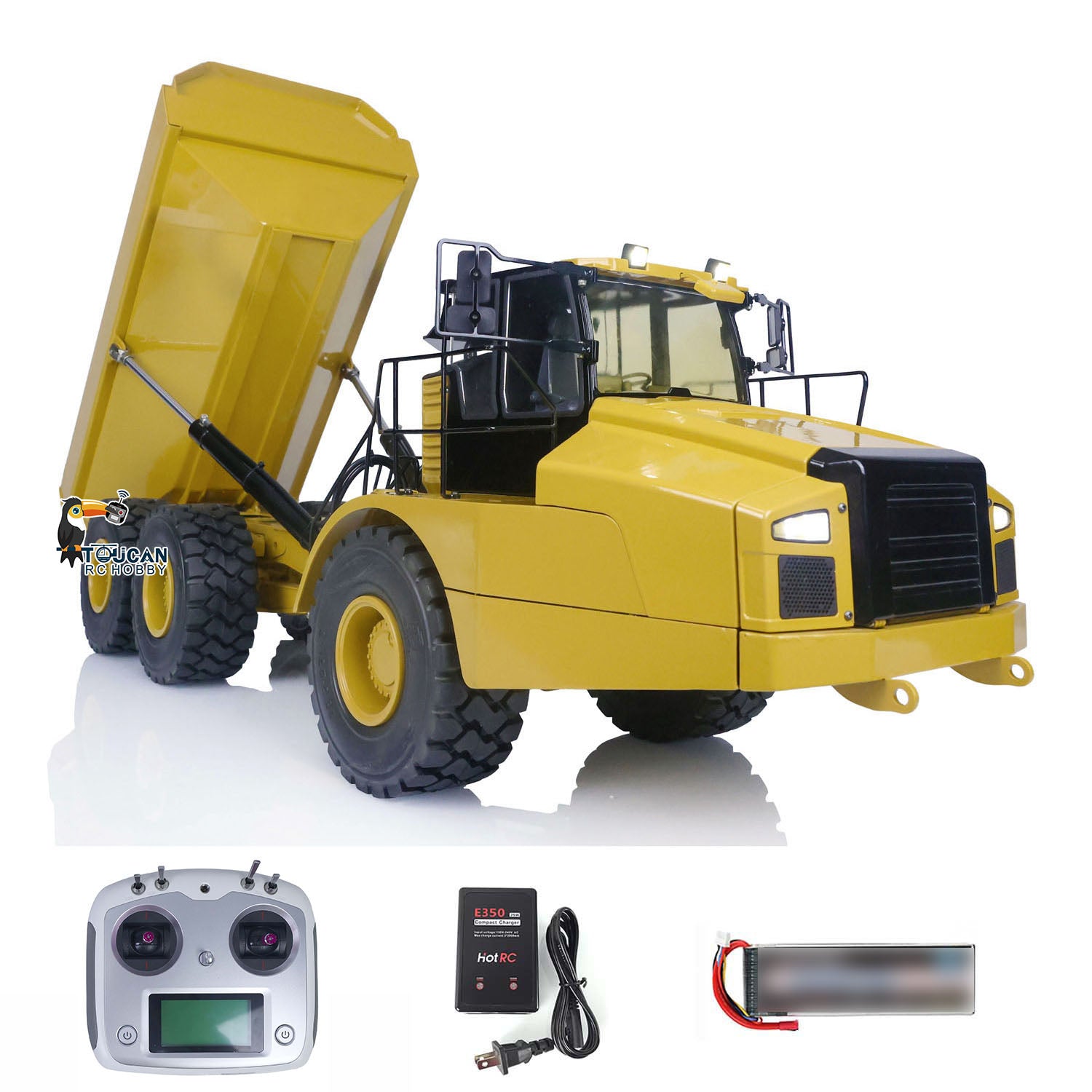 1/14 Scale Ready-To-Run DIM 745D Metal Hydraulic RC Articulated Dump Truck - 6×6 All-Wheel Drive with Light & Sound Effects, Detailed Cab Interior - Perfect for Construction Site Play, RC Hobby Collection, and Outdoor Adventure Activities