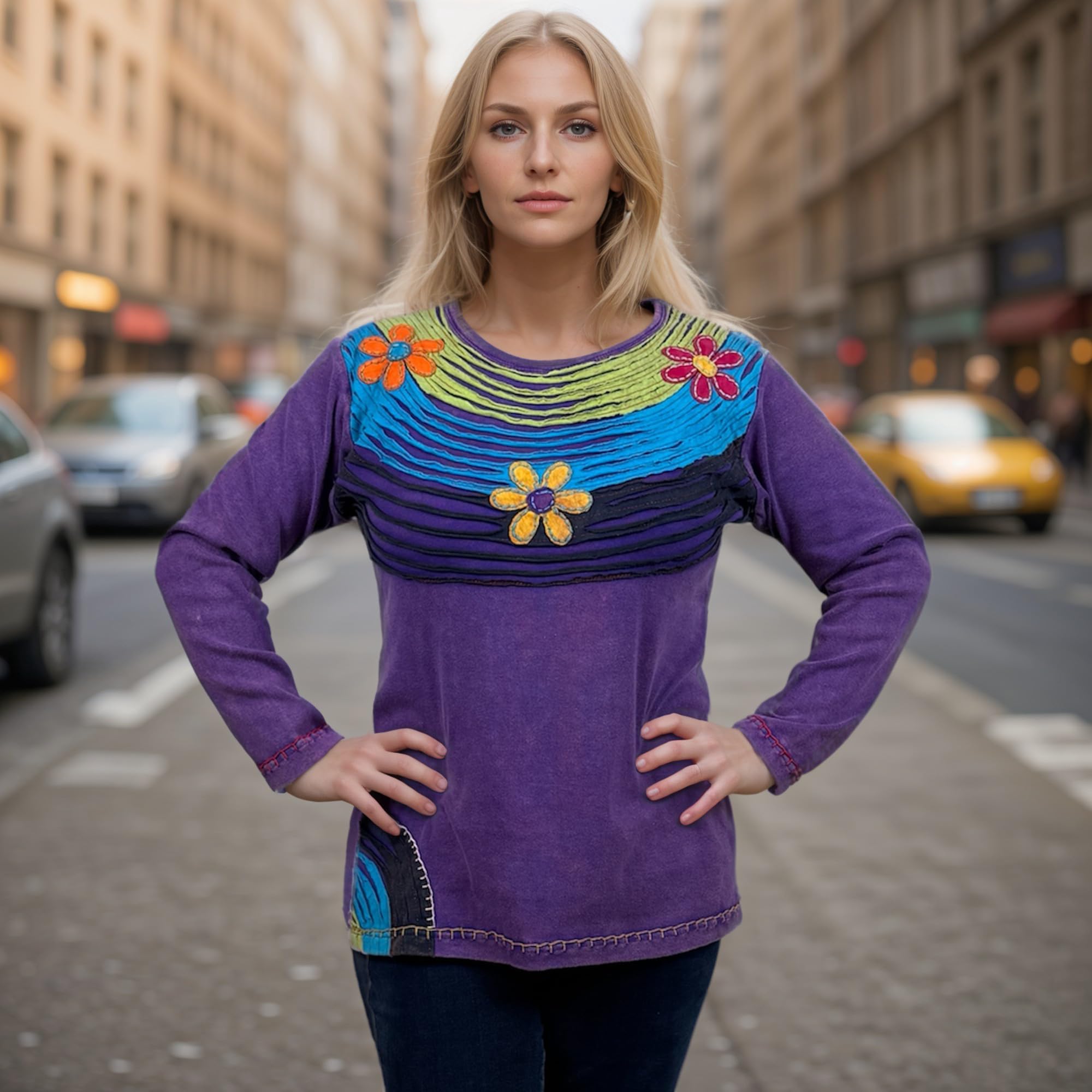 Agan Traders 2025 Spring Gypsy Boho Rib Knit Distressed Stonewashed Long Sleeve Sweatshirt - Women's Casual Blouse for Streetwear, Festival & Boho Chic Outfits