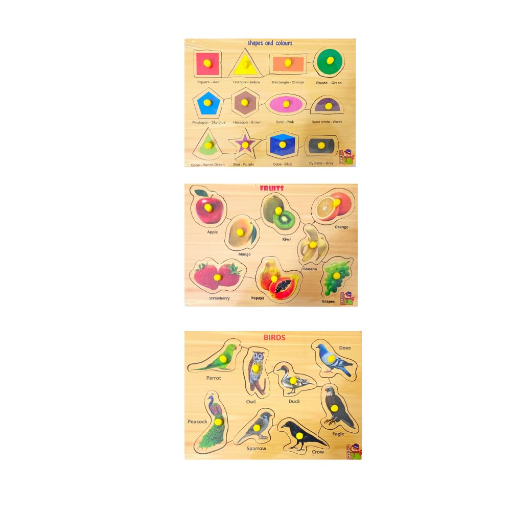 Wooden Learning Boards & Puzzles for Kids 3+ & Adults - Educational Toys Set with Wild Animals, Fruits, Domestic Animals, ABCs, Birds & Shapes - Perfect for Preschool Learning, Family Game Night & Montessori Activities