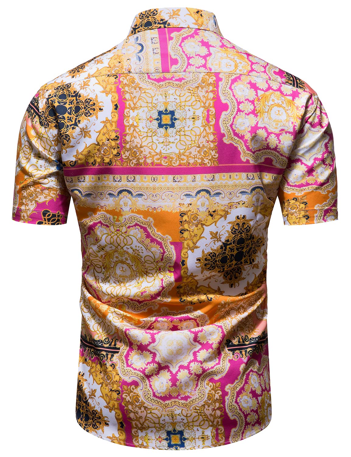 Luxury Men's Black & Gold Baroque Print Short Sleeve Dress Shirt - Chain Design Button Down Casual Shirt for Parties, Weddings & Night Out