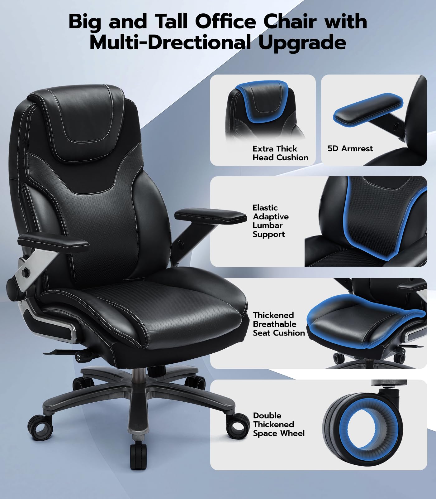 Big and Tall Office Chair with 5D Adjustable Arms - 600lbs Capacity Ergonomic Executive Chair with Adjustable Lumbar Support - Heavy Duty Managerial Chair in Fabric & PU Leather - Perfect for Home Office, Gaming, and Professional Workspaces