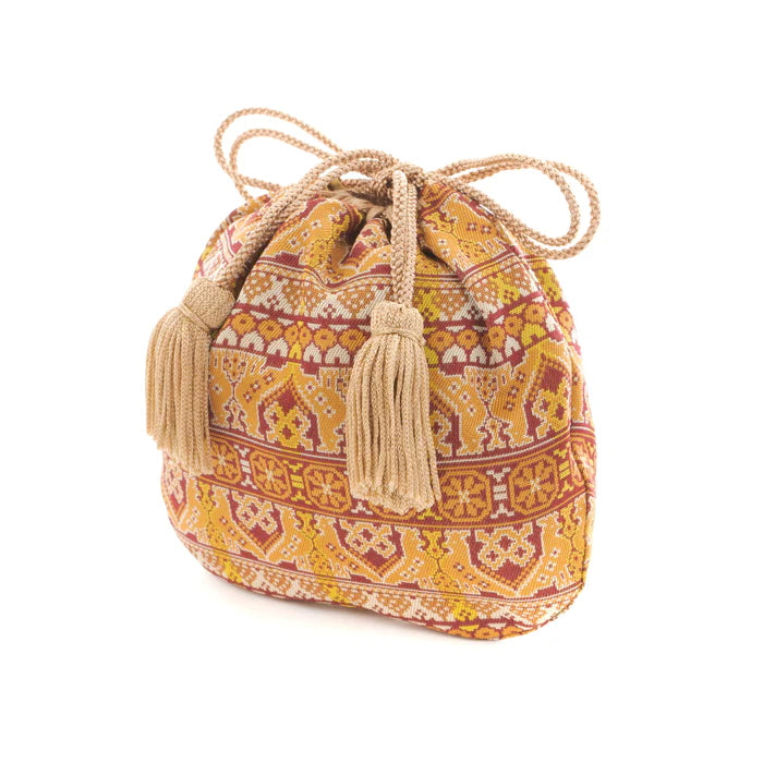 Nishijin Ori Small Drawstring Pouch - Rooster & Dark Red Design | Handmade in Kyoto Japan | Traditional Japanese Craft Purse for Coins, Jewelry & Gift Giving