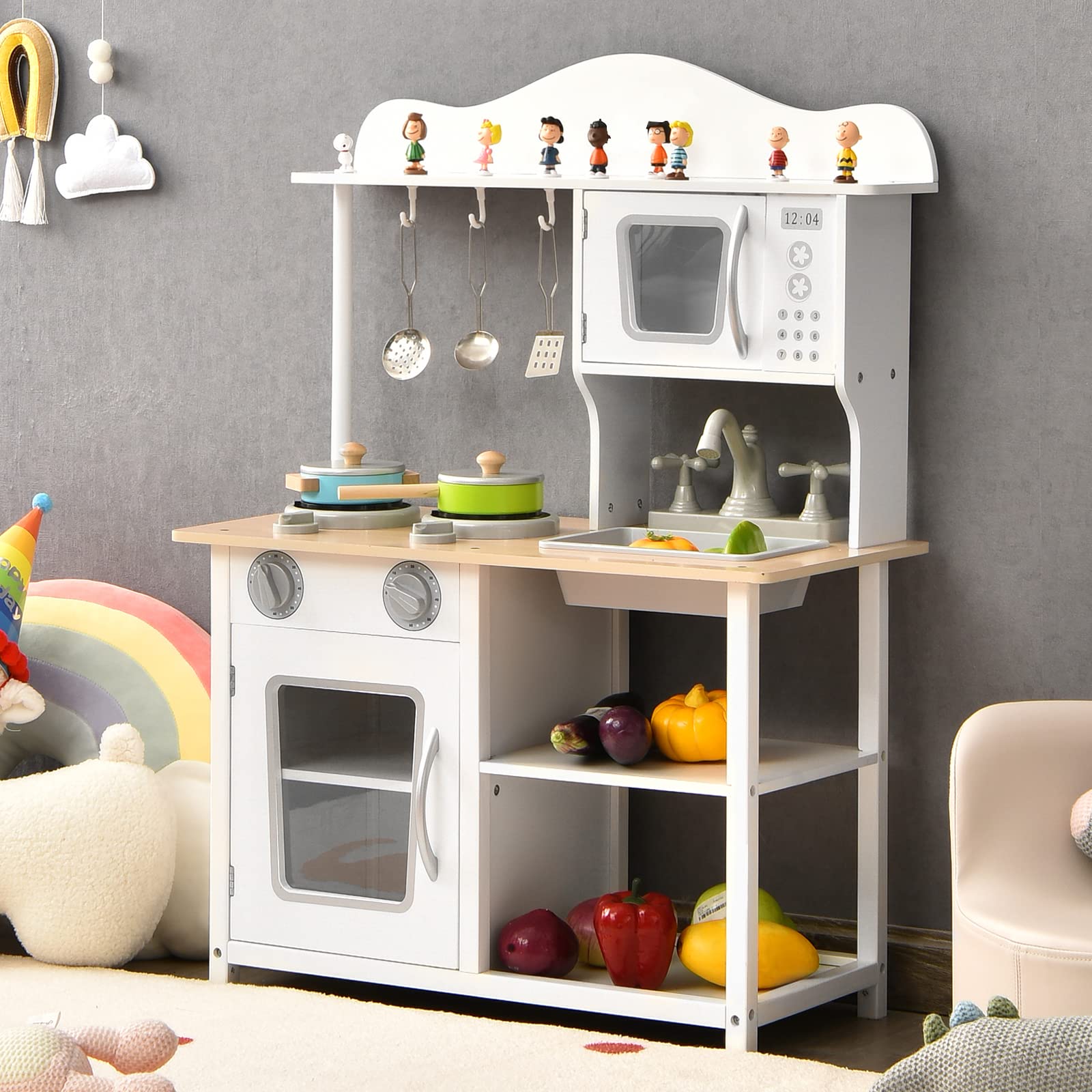 Costzon Wooden Kids Kitchen Playset with Sink, Oven, Microwave, Stove, Pots & Utensils - Pretend Play Kitchen Toy for Toddlers & Kids, Perfect Gift for Boys & Girls, Ideal for Home, Preschool & Daycare Playrooms
