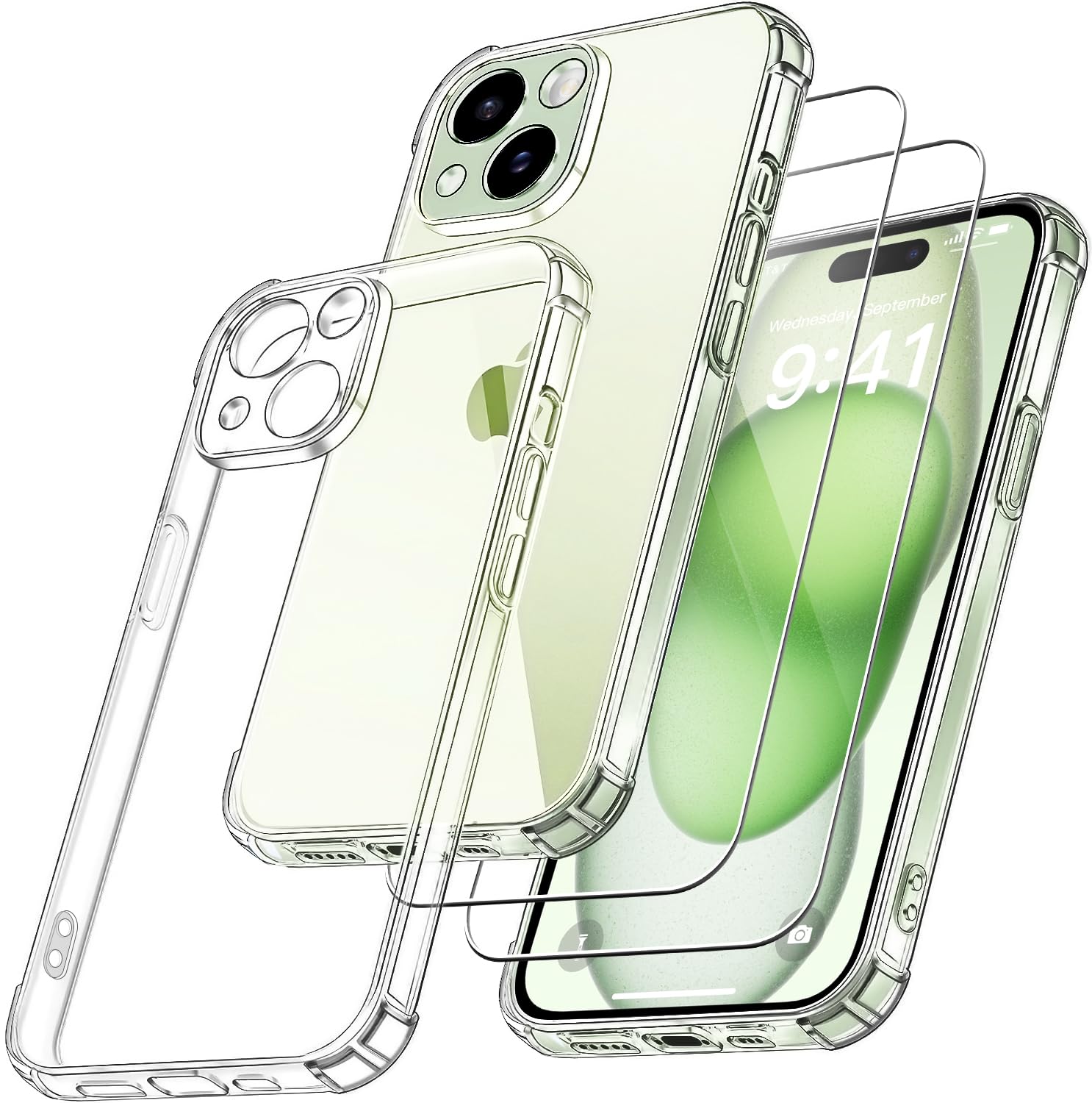YisrLery 3 in 1 Camera Cover for iPhone 15 Case with 2 Pack Tempered Glass Screen Protector, Slim Soft TPU Shockproof Anti-Scratch Clear Silicone Phone Case - Perfect for Daily Protection & Outdoor Activities