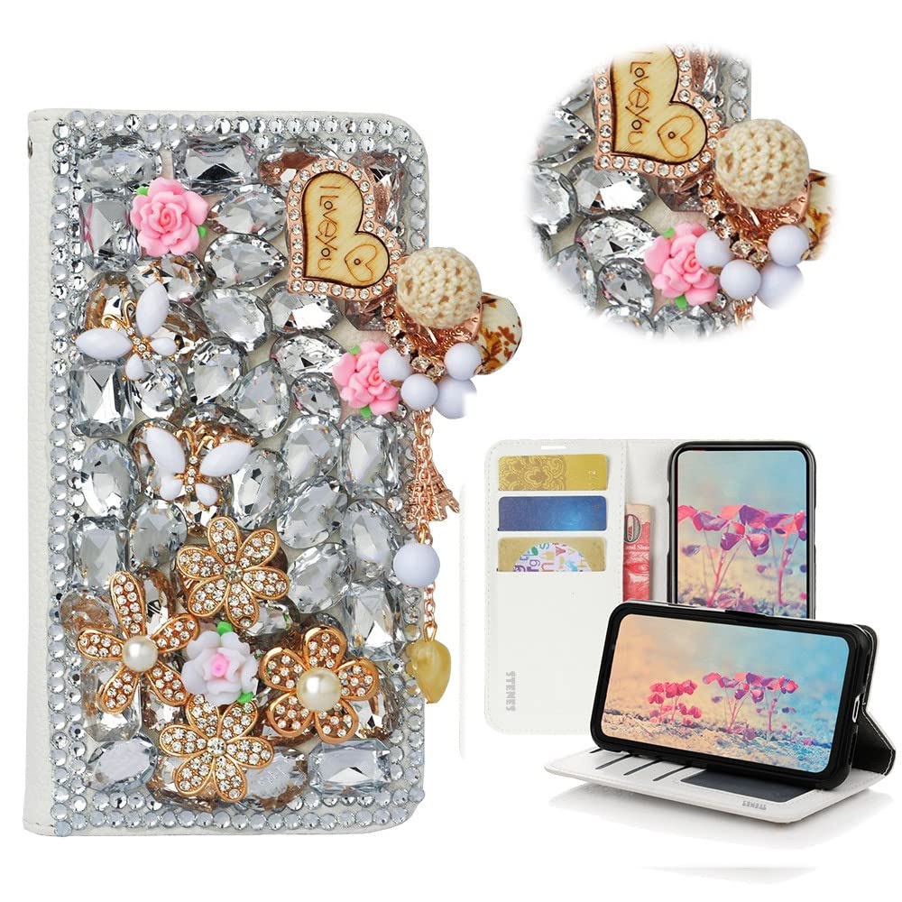 STENES Bling Wallet Phone Case for iPhone 7 Plus/8 Plus - 3D Handmade Floral Design Leather Cover with Heart Pendant, Screen Protector & Neck Strap - Gold | Perfect for Parties, Dating & Everyday Use