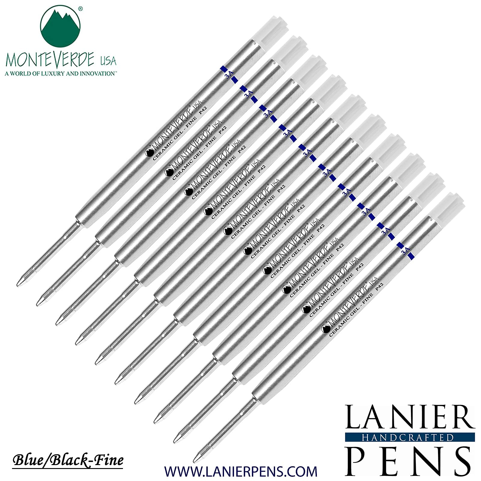 Monteverde® Capless Ceramic Gel™ P42 Ink Refill 10-Pack - Compatible with Parker® Style Ballpoint Pens - Blue Black Fine Tip 0.6mm - Ideal for Office, School & Everyday Writing Needs