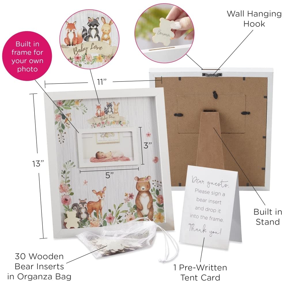 Kate Aspen Woodland Baby Shower Guest Book Alternative - Pink Frame with 30 Wooden Bears, Baby Boxes & Letters - Perfect for Baby Shower Decorations & Nursery Sign-in Keepsakes