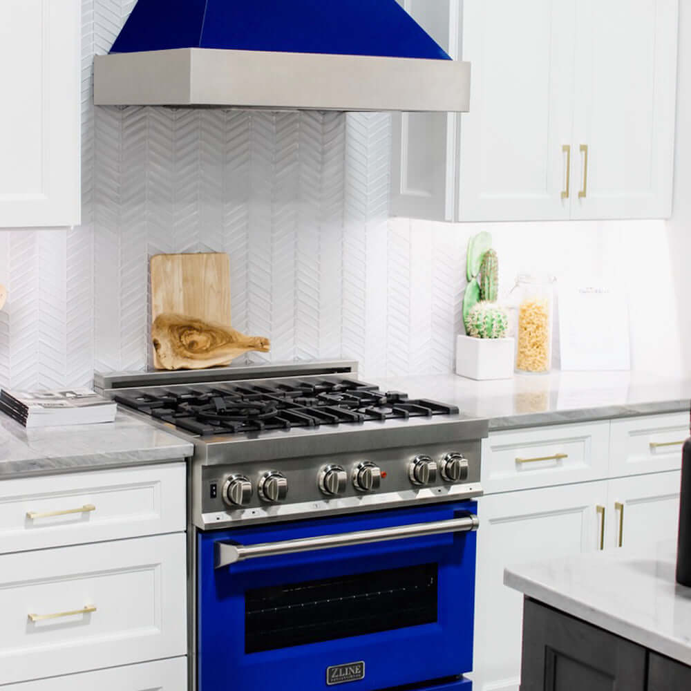ZLINE 30 Inch 4.0 cu ft Dual Fuel Range - 4 Burner Gas Cooktop & Electric Convection Oven - Satin Stainless Steel with Blue Gloss Door (RAS BG 30) - Perfect for Modern Kitchens & Professional Cooking