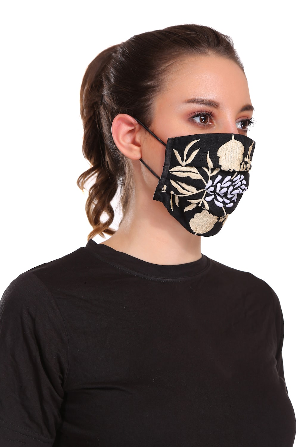 Floral Embroidered Black Rayon Pleated Face Mask - Reusable Washable Fabric Mask for Women - Perfect for Daily Use, Travel & Outdoor Activities