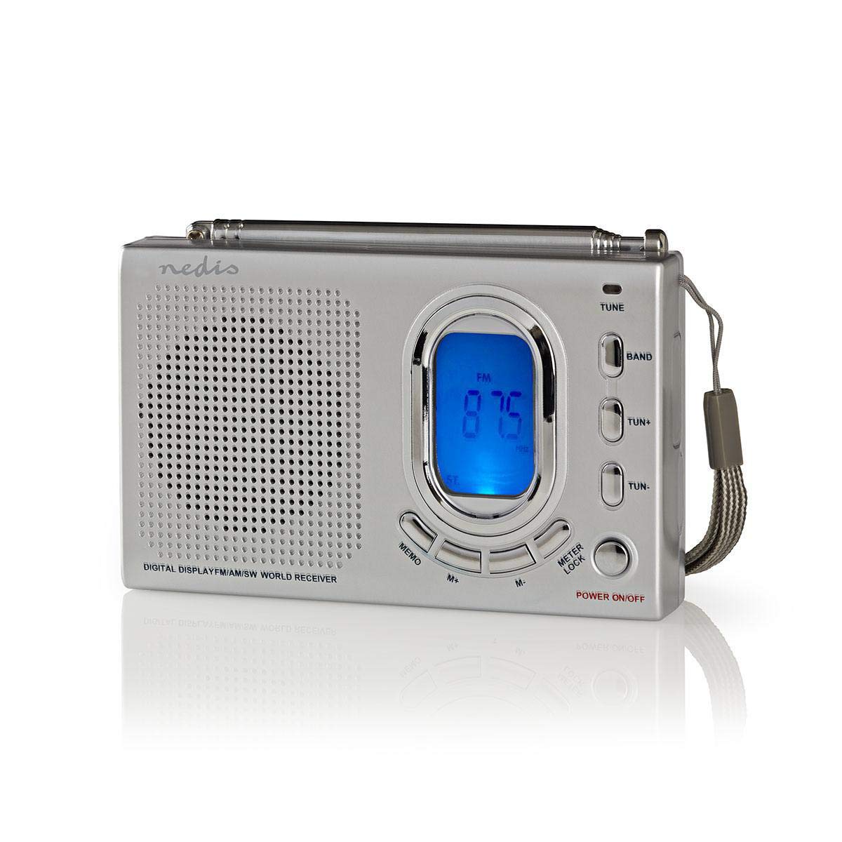 Nedis Portable AM/FM/SW World Radio Receiver with Alarm Clock, LED Display & Headphone Jack | Battery Powered 1.5W Grey | Perfect for Travel, Emergency, Home & Outdoor Use