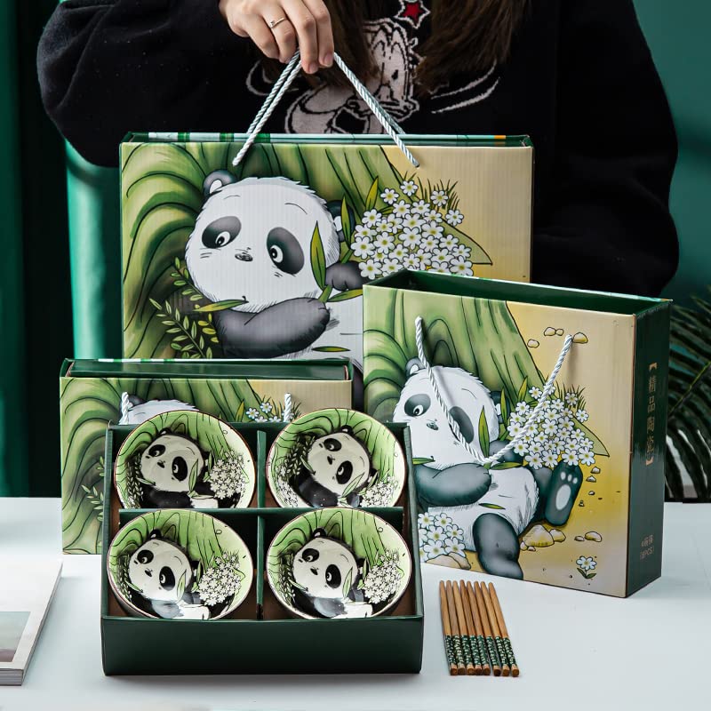 4pcs Cute Panda Ceramic Rice Bowls with Chopsticks - Asian Style Soup Noodle Dessert Bowls for Home Dining & Party Serving | Perfect for Ramen, Ice Cream, and Rice Dishes