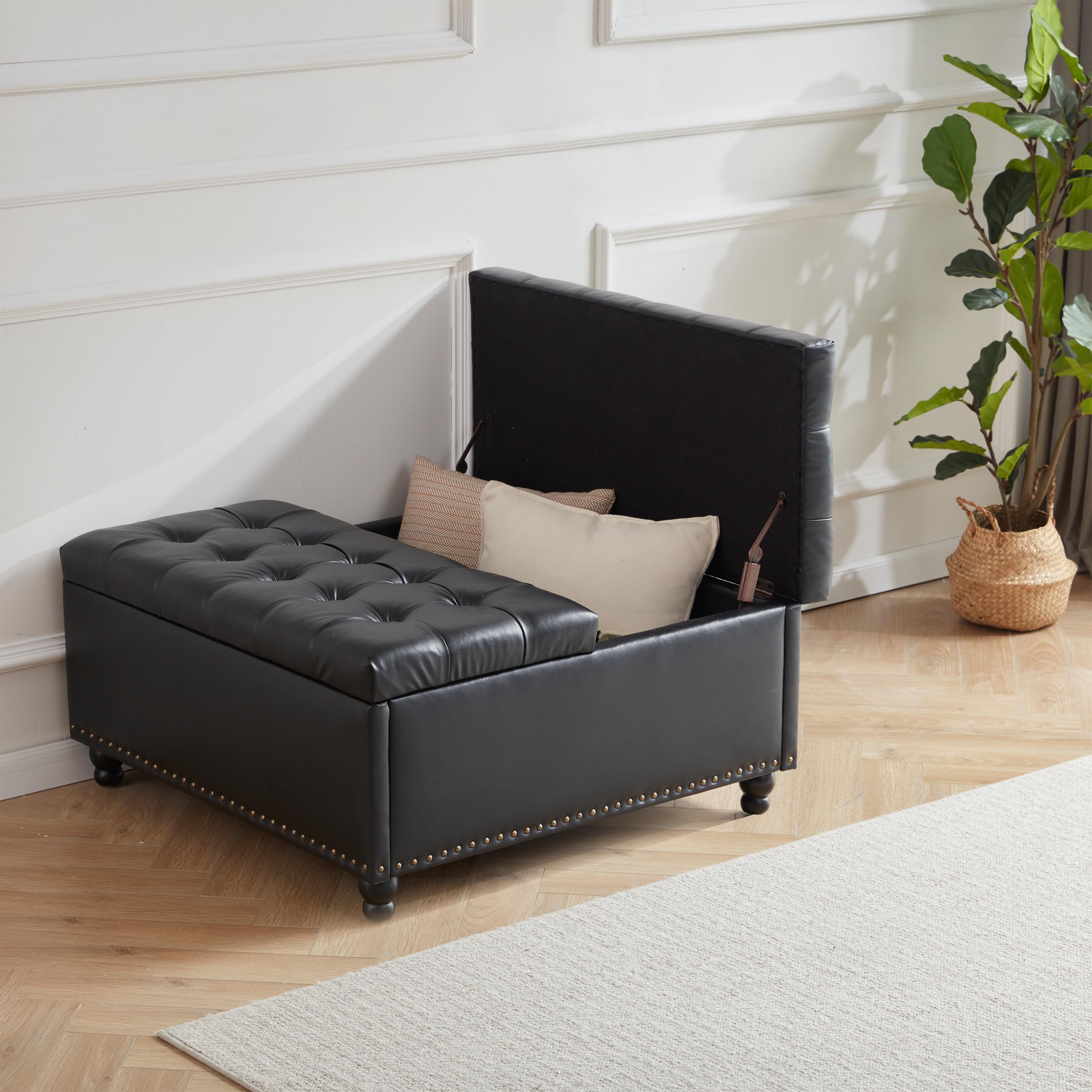 Tbfit Large Square Storage Ottoman Bench - Tufted Upholstered Coffee Table with Hidden Storage | Oversized Multi-Functional Ottoman Toy Box for Living Room, Bedroom & Nursery (Black) - Perfect for Extra Seating, Home Organization & Kids Toy Storage