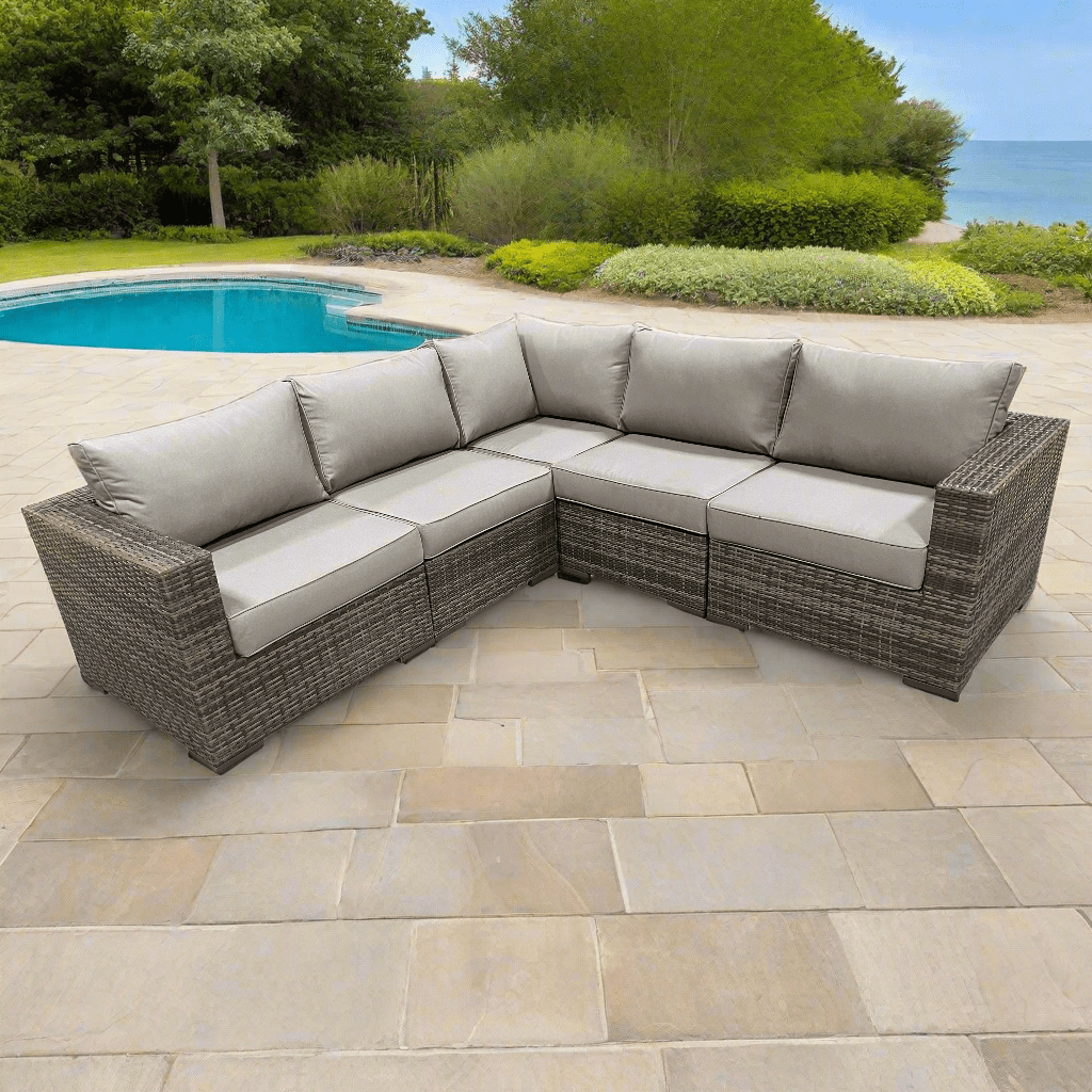 Brown Valence Outdoor Patio Wicker Corner Sectional Sofa with Sunbrella Taupe Cushions - Waterproof All-Weather Furniture for Backyard, Poolside & Garden Relaxation