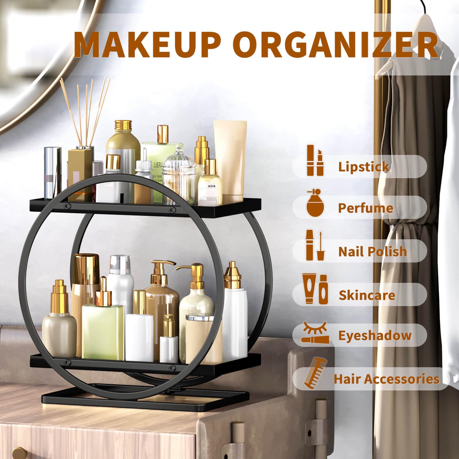 Black 2-Tier Makeup Organizer & Storage Tray for Dresser, Bathroom Vanity & Counter - Perfect for Cosmetics, Perfumes & Skincare Products - Ideal for Home, Travel & Gift Giving