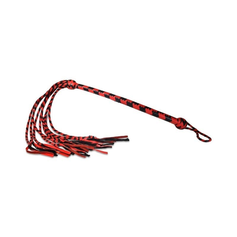 Premium Prowler RED Long Handle Flogger - Black & Red Leather BDSM Whip for Sensual Play, Spanking, and BDSM Scenes