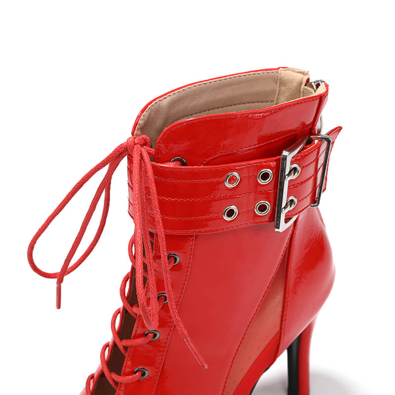 Stylish Red Patent Leather Ankle Boots with Buckle Detail - Perfect for Women's Fashion, Office Wear & Night Out Outfits
